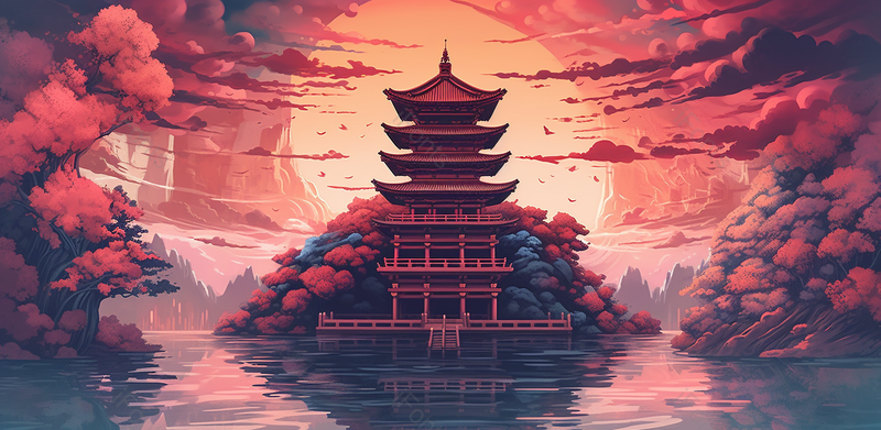 夕阳下的古老建筑山水插画,插画/手绘图,插画/手绘图库,插画/手绘图下载,插画/手绘